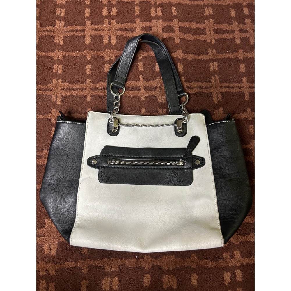 Charming‎ Charlie Black & White Colorblock Satchel Bag Chain Accent